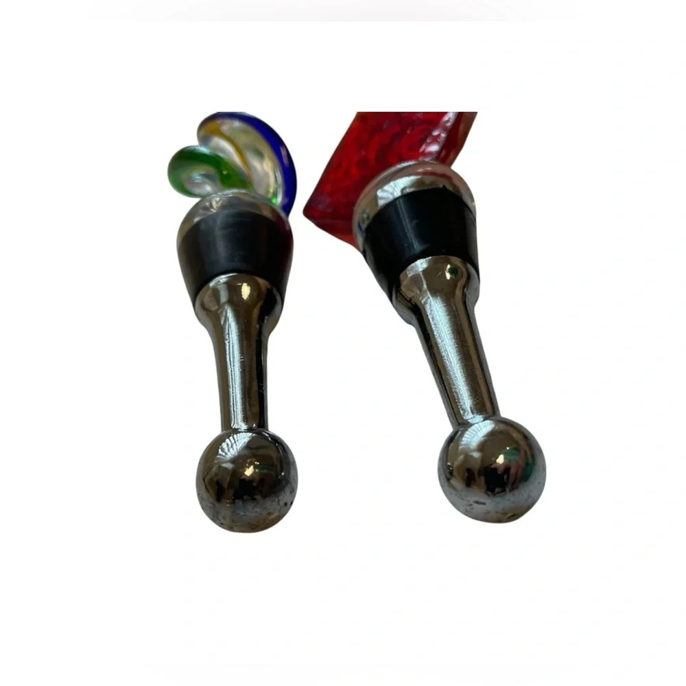 Hand Blown Art Glass Wine Bottle Stoppers Set of 2 Colorful Barware Gift Decor